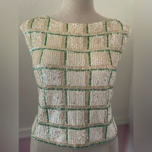 Cream Sequin Grid Crop Top with Green Trim